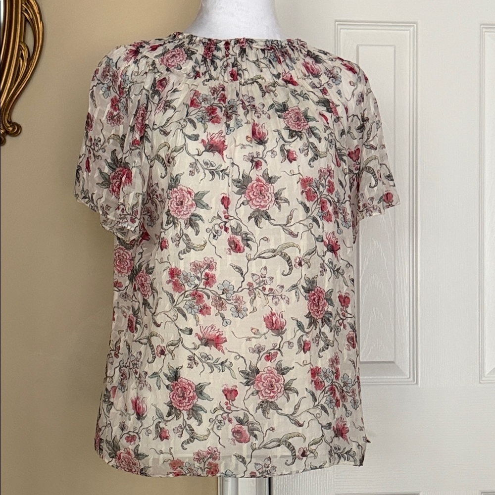 Rebecca Taylor Silk Blouse Top Romantic Floral Print Sheer Sleeves Ruffle Collar